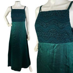 Vintage 1980s Emerald Green Lace Shimmer Dark Green Maxi Dress Size Medium